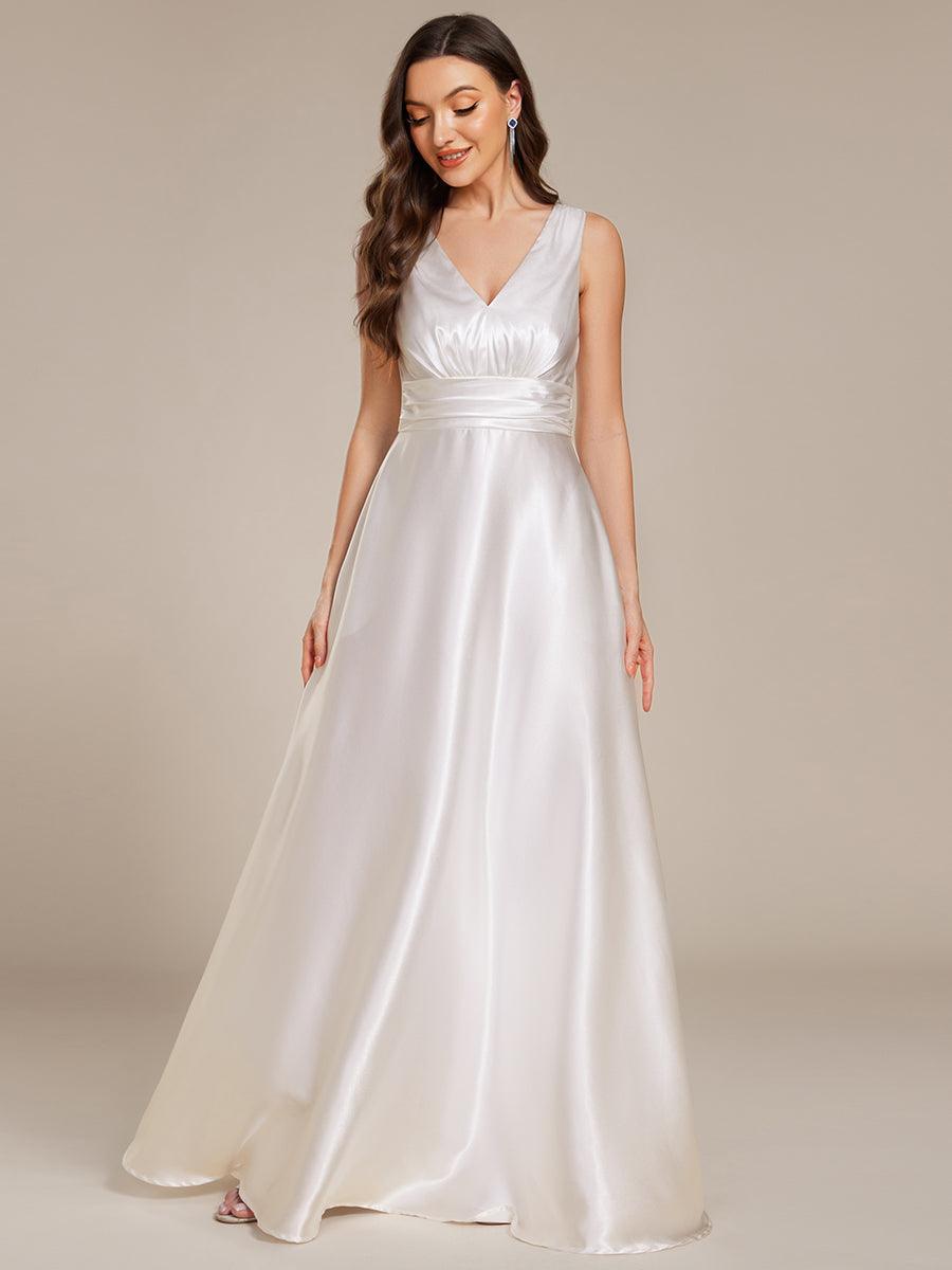 Robe de demoiselle d'honneur fendue en satin sans manches à col en V #Couleur_ #Couleur_Blanc