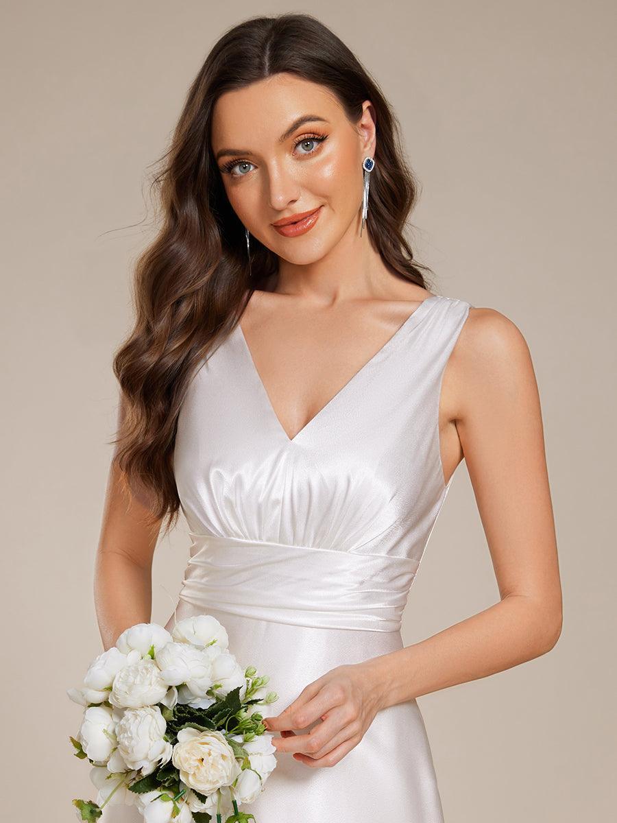 Robe de demoiselle d'honneur fendue en satin sans manches à col en V #Couleur_ #Couleur_Blanc