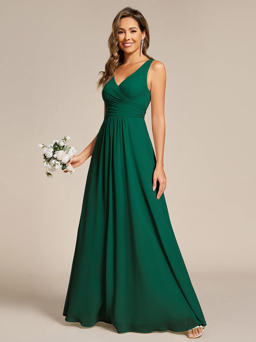 Robe de demoiselle d'honneur longue en mousseline plissée sans bretelles à col en V #Couleur_Vert Fonce