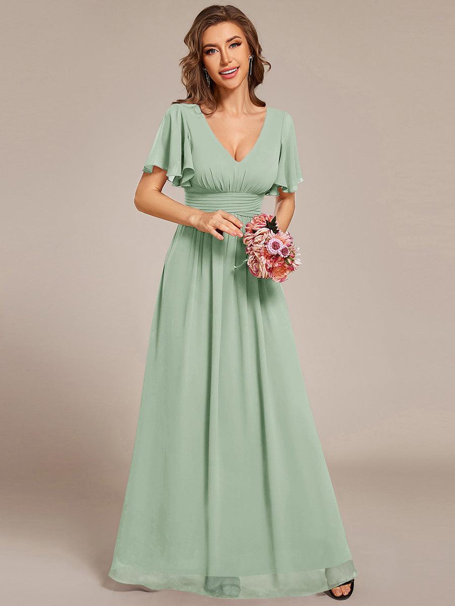 Robe longue de demoiselle d'honneur en mousseline à col en V #Couleur_Menthe Verte