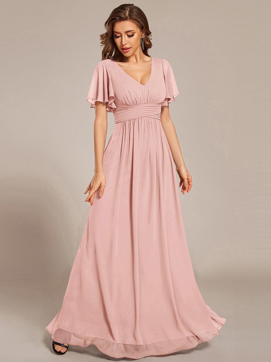 Robe longue de demoiselle d'honneur en mousseline à col en V #Couleur_Rose