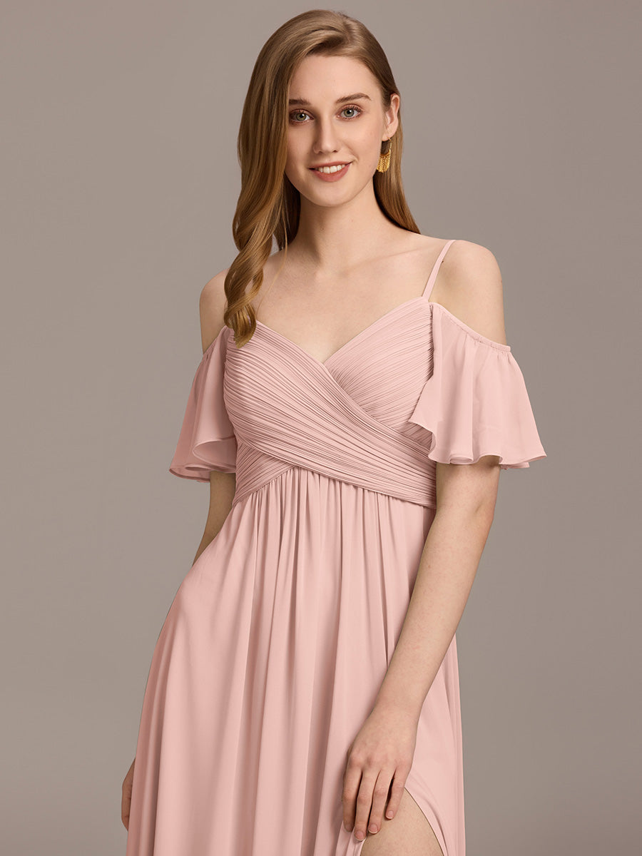 Robe d'invité de mariage trapèze en mousseline fluide à encolure ronde et longueur au genou #Couleur_Rose