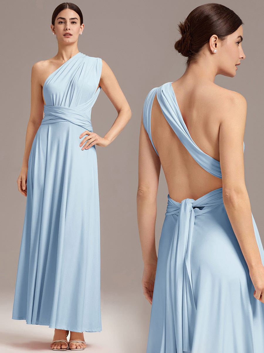 Robe d'invité de mariage trapèze en mousseline fluide à encolure ronde et longueur au genou #Couleur_Bleu Ciel