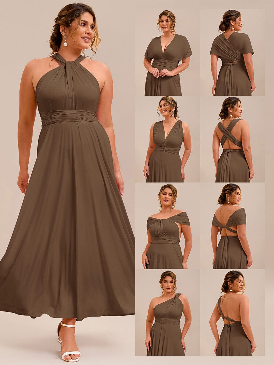 Robe d'invité de mariage trapèze en mousseline fluide à encolure ronde et longueur au genou #Couleur_Café