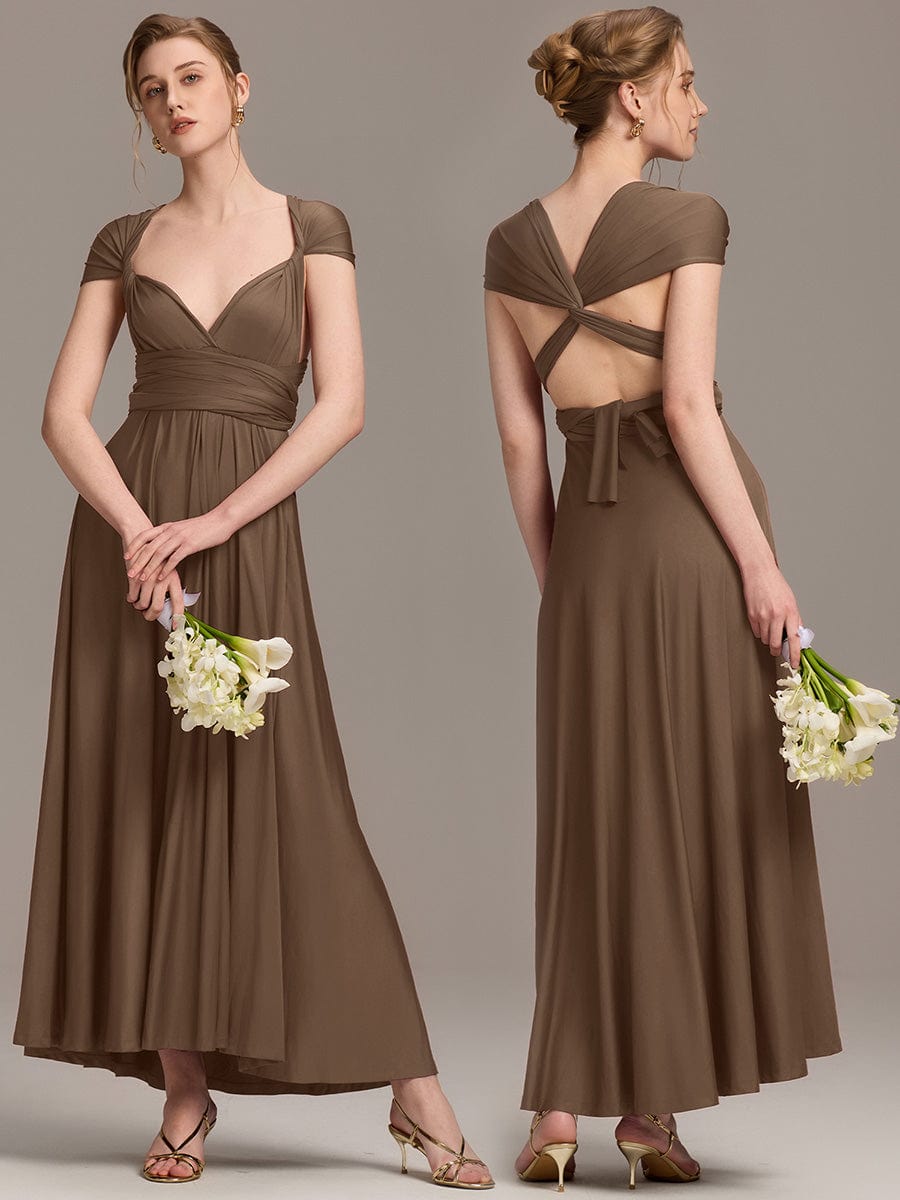 Robe d'invité de mariage trapèze en mousseline fluide à encolure ronde et longueur au genou #Couleur_Café