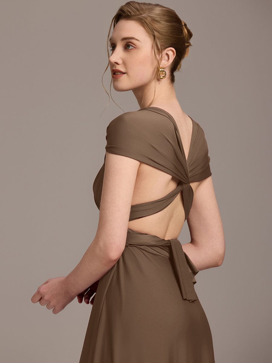 Robe d'invité de mariage trapèze en mousseline fluide à encolure ronde et longueur au genou #Couleur_Café
