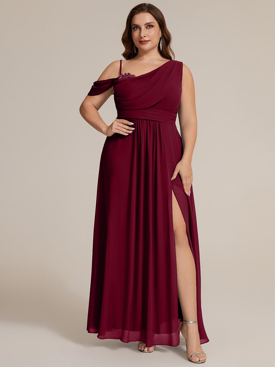 Robe longue asymétrique à sequins à manches courtes en forme de A #Couleur_Bordeaux