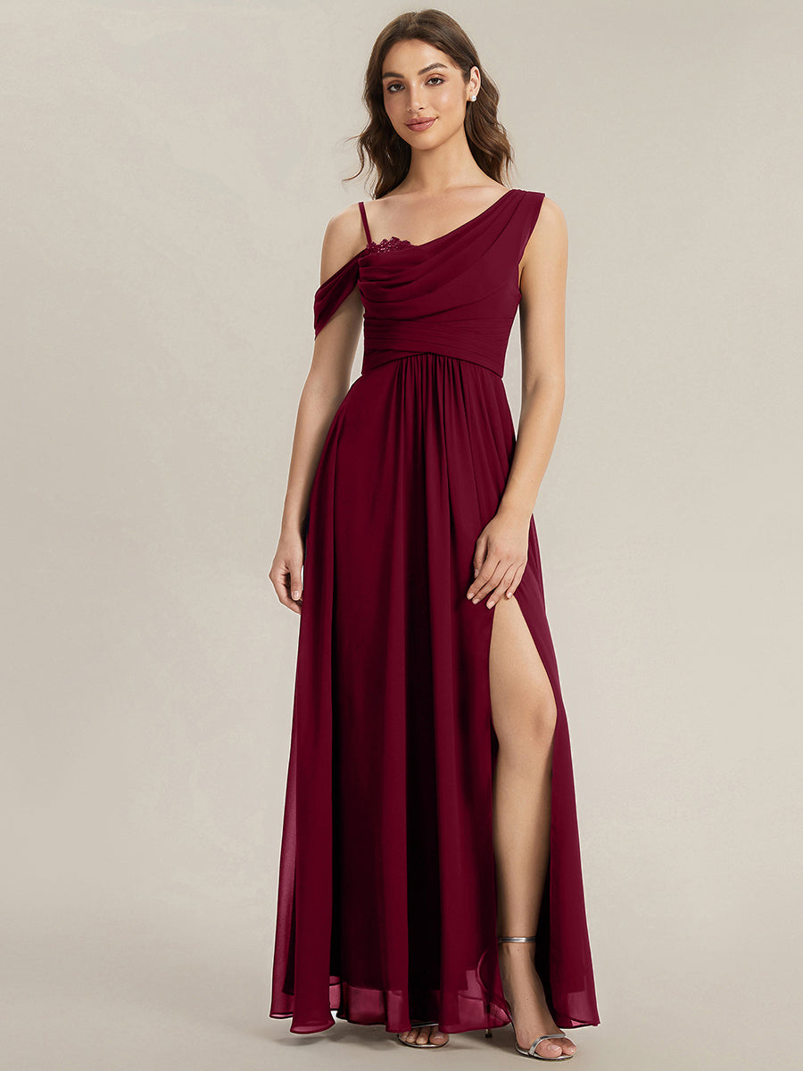 Robe longue asymétrique à sequins à manches courtes en forme de A #Couleur_Bordeaux