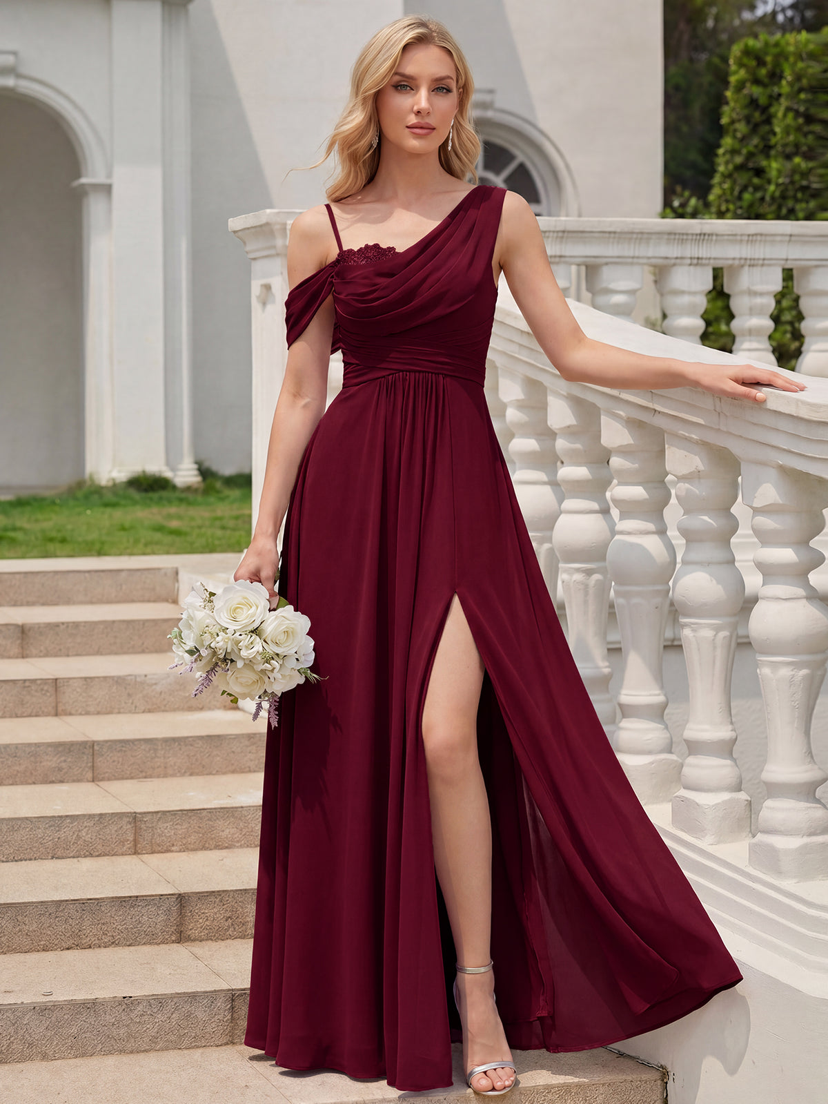 Robe longue asymétrique à sequins à manches courtes en forme de A #Couleur_Bordeaux