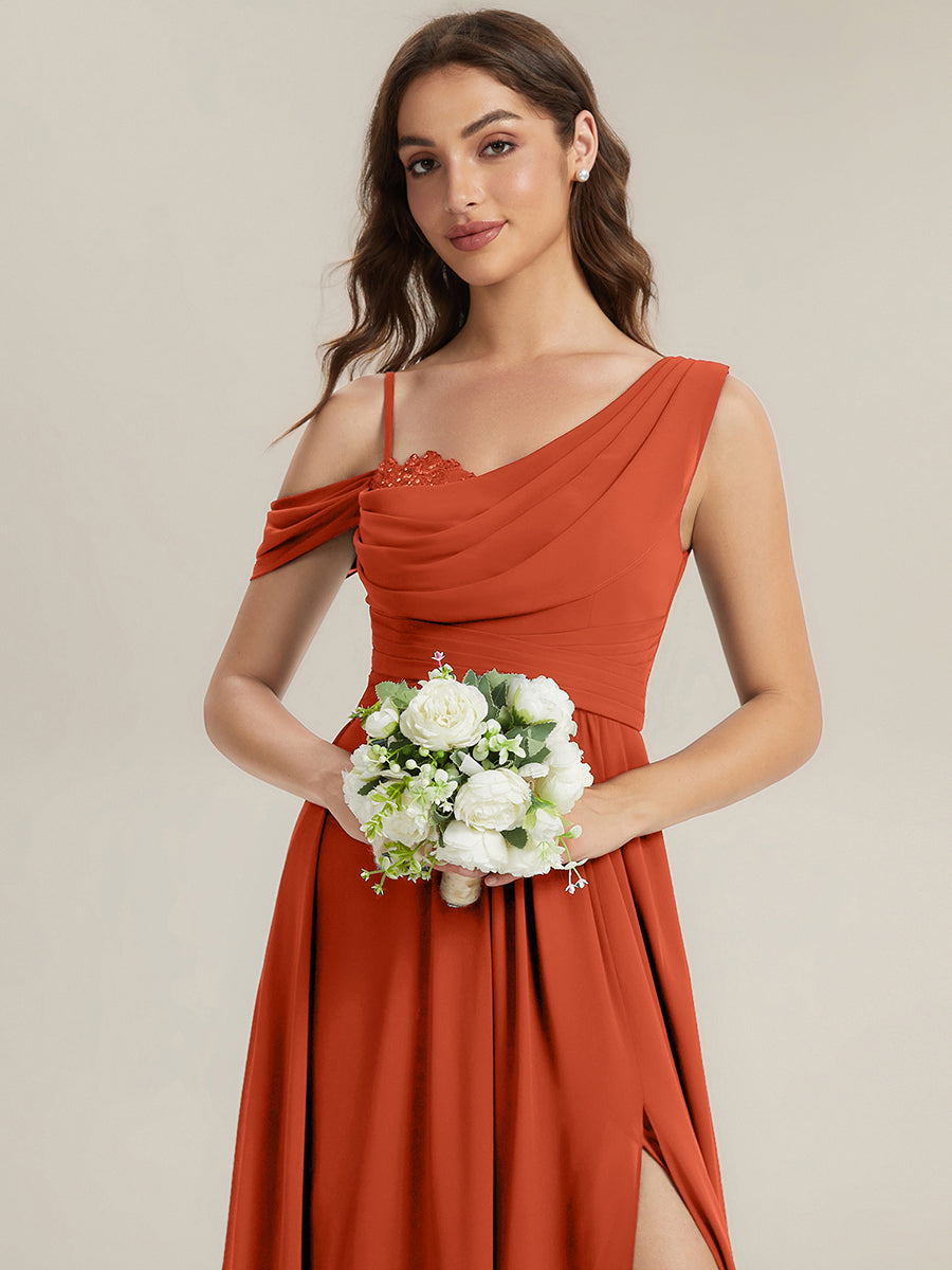 Robe longue asymétrique à sequins à manches courtes en forme de A #Couleur_Burnt Orange
