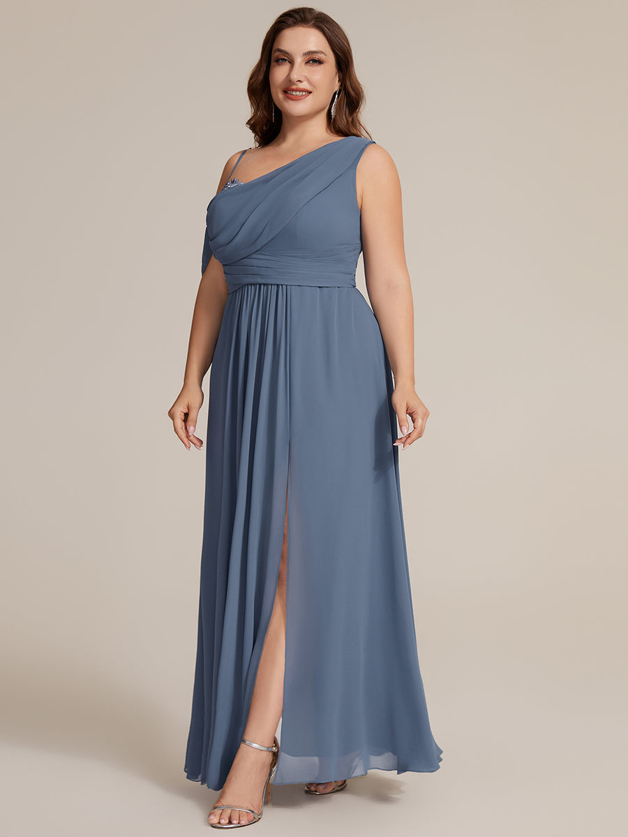 Robe longue asymétrique à sequins à manches courtes en forme de A #Couleur_Marine Fume