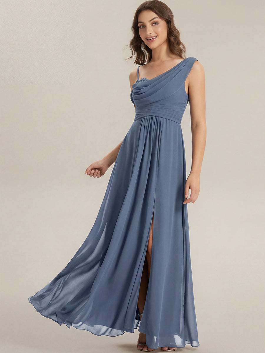 Robe longue asymétrique à sequins à manches courtes en forme de A #Couleur_Marine Fume