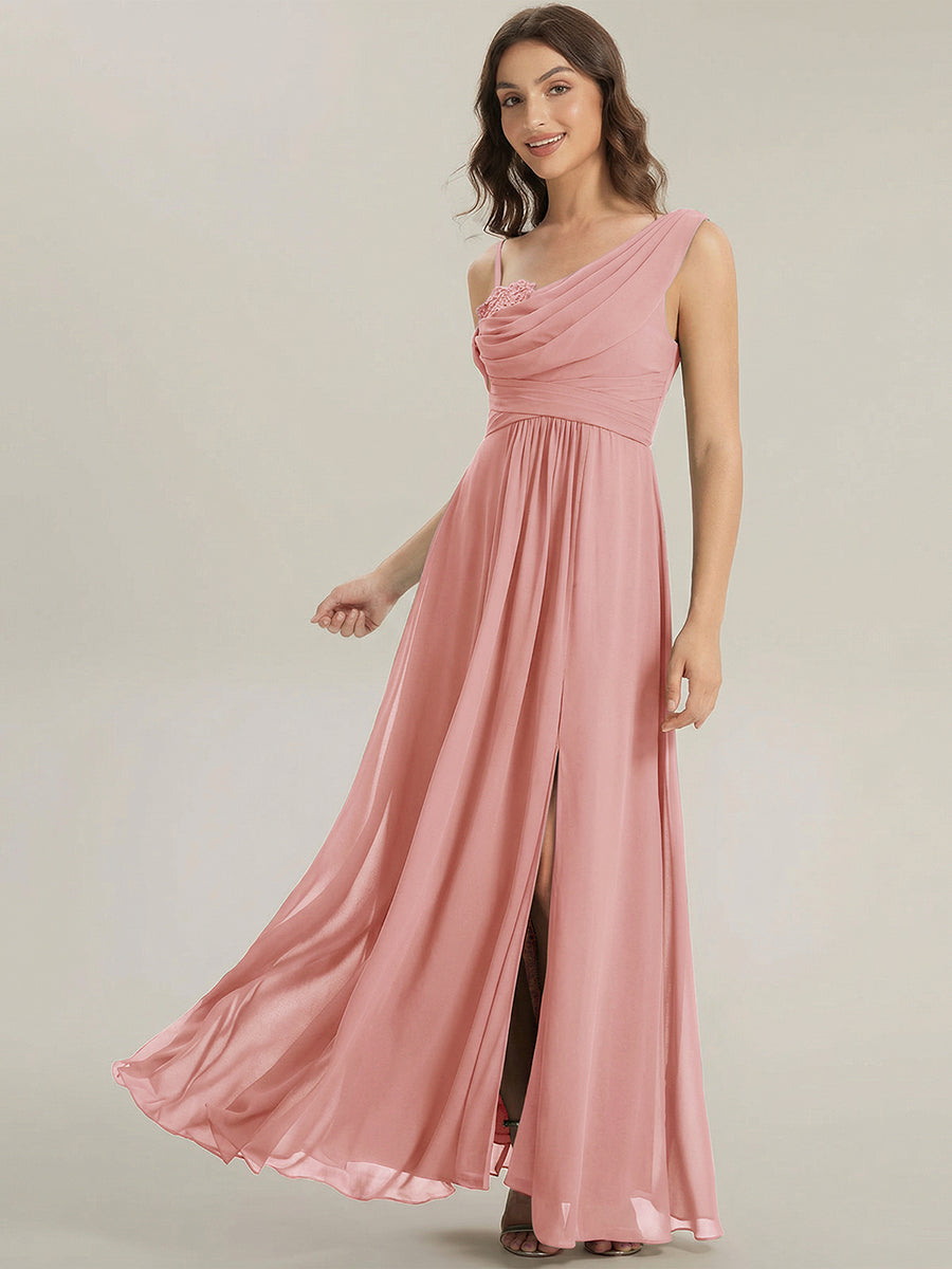 Robe longue asymétrique à sequins à manches courtes en forme de A #Couleur_Rose fumee