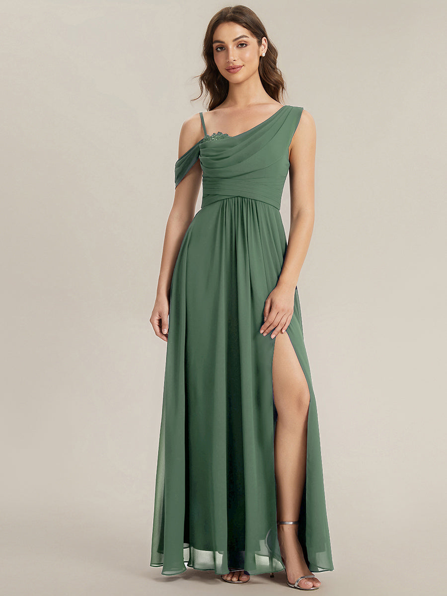 Robe longue asymétrique à sequins à manches courtes en forme de A #Couleur_Eukalyptus Grün