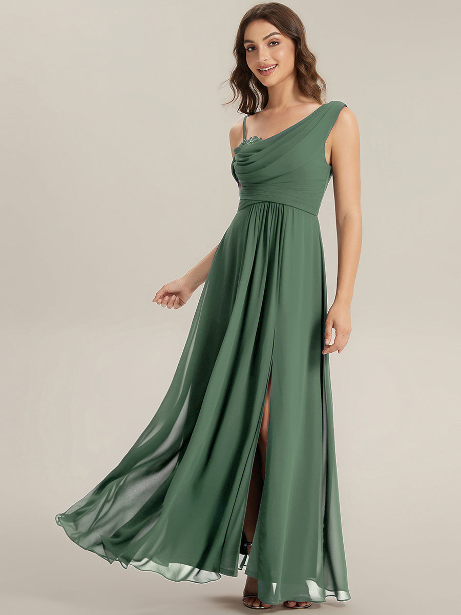 Robe longue asymétrique à sequins à manches courtes en forme de A #Couleur_Eukalyptus Grün