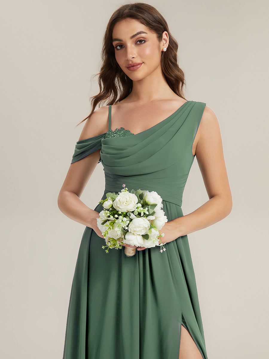 Robe longue asymétrique à sequins à manches courtes en forme de A #Couleur_Eukalyptus Grün