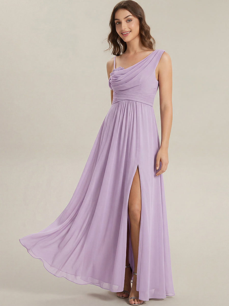 Robe longue asymétrique à sequins à manches courtes en forme de A #Couleur_Lilas Givré