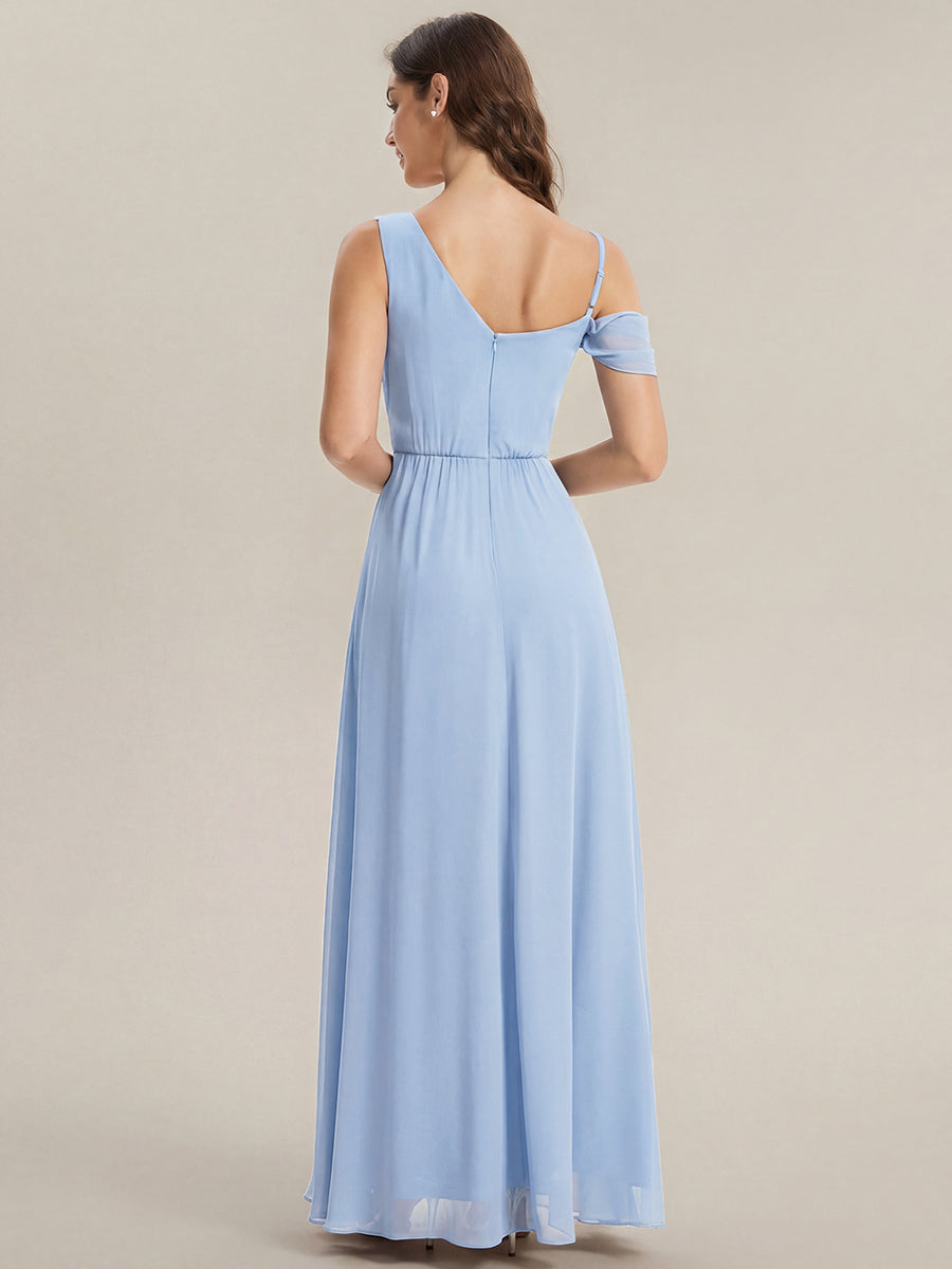 Robe longue asymétrique à sequins à manches courtes en forme de A #Couleur_Bleu Glace