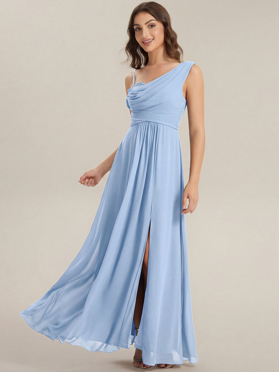 Robe longue asymétrique à sequins à manches courtes en forme de A #Couleur_Bleu Glace