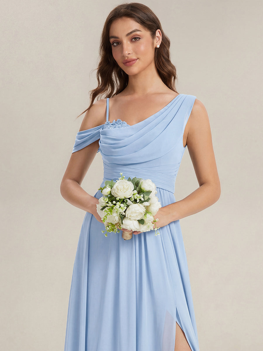 Robe longue asymétrique à sequins à manches courtes en forme de A #Couleur_Bleu Glace