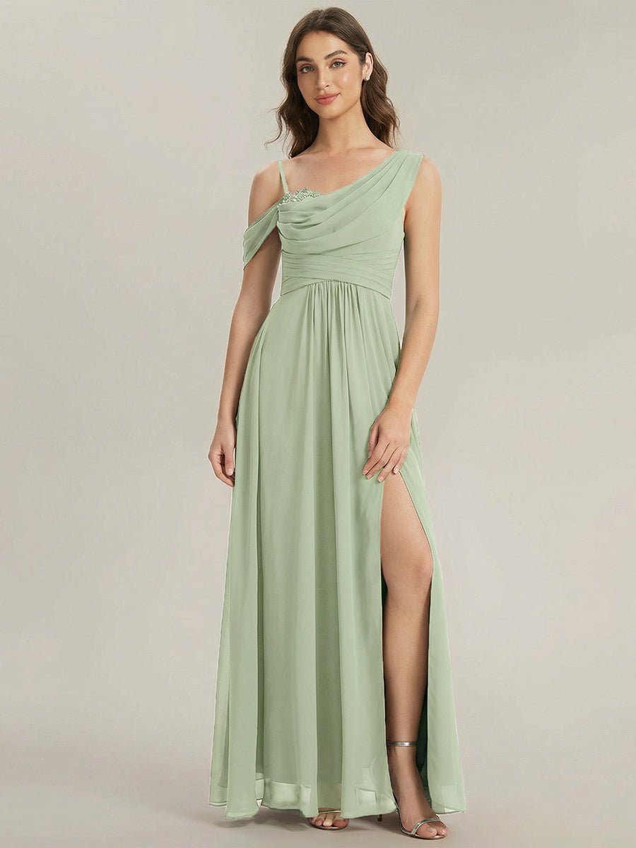 Robe longue asymétrique à sequins à manches courtes en forme de A #Couleur_Menthe Verte