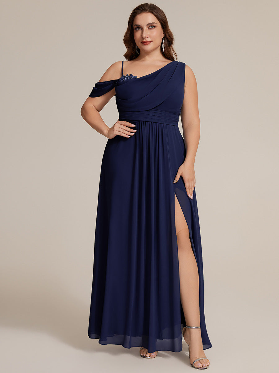 Robe longue asymétrique à sequins à manches courtes en forme de A #Couleur_Bleu Marine