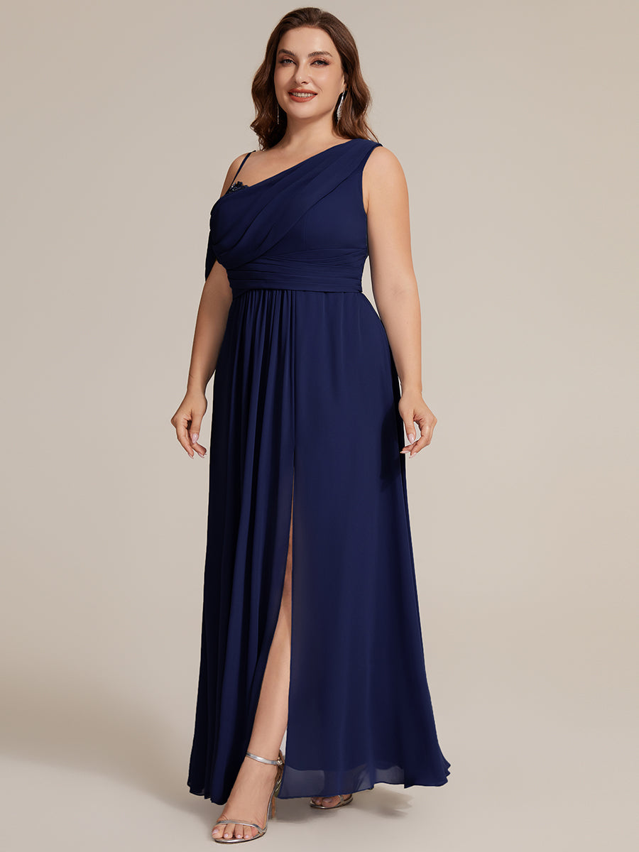 Robe longue asymétrique à sequins à manches courtes en forme de A #Couleur_Bleu Marine