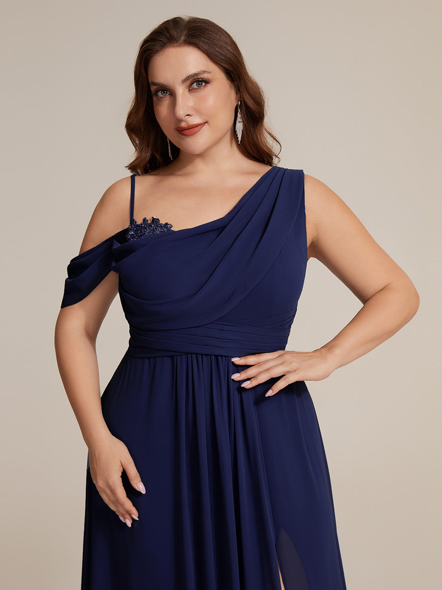 Robe longue asymétrique à sequins à manches courtes en forme de A #Couleur_Bleu Marine