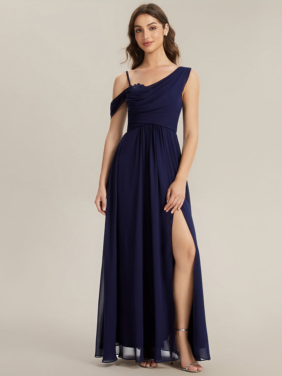 Robe longue asymétrique à sequins à manches courtes en forme de A #Couleur_Bleu Marine