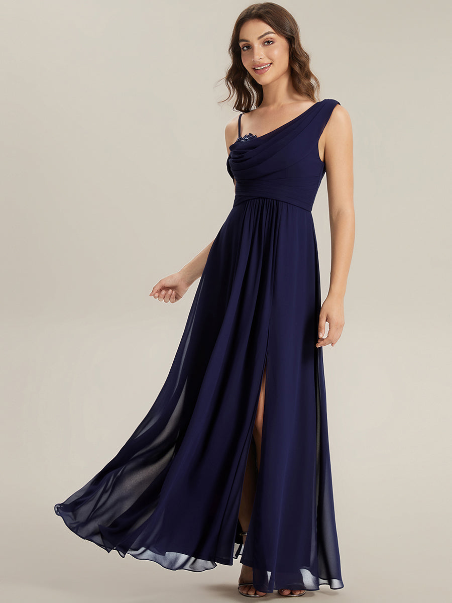 Robe longue asymétrique à sequins à manches courtes en forme de A #Couleur_Bleu Marine