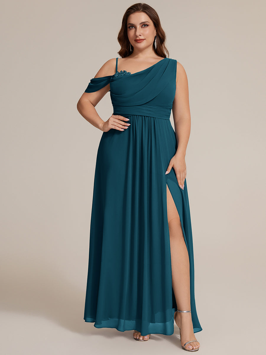 Robe longue asymétrique à sequins à manches courtes en forme de A #Couleur_Bleu Sarcelle