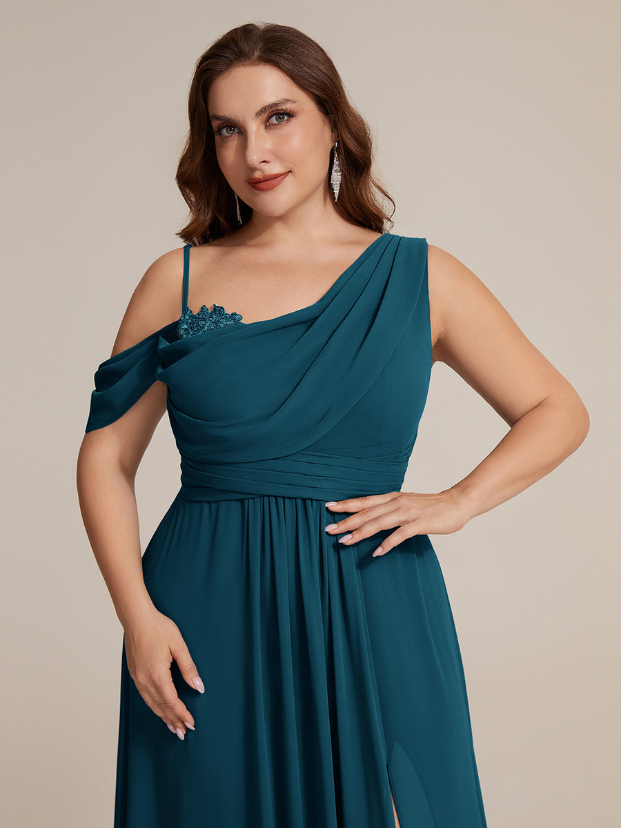 Robe longue asymétrique à sequins à manches courtes en forme de A #Couleur_Bleu Sarcelle