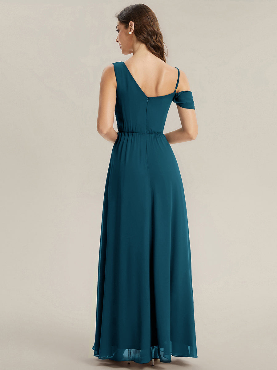 Robe longue asymétrique à sequins à manches courtes en forme de A #Couleur_Bleu Sarcelle