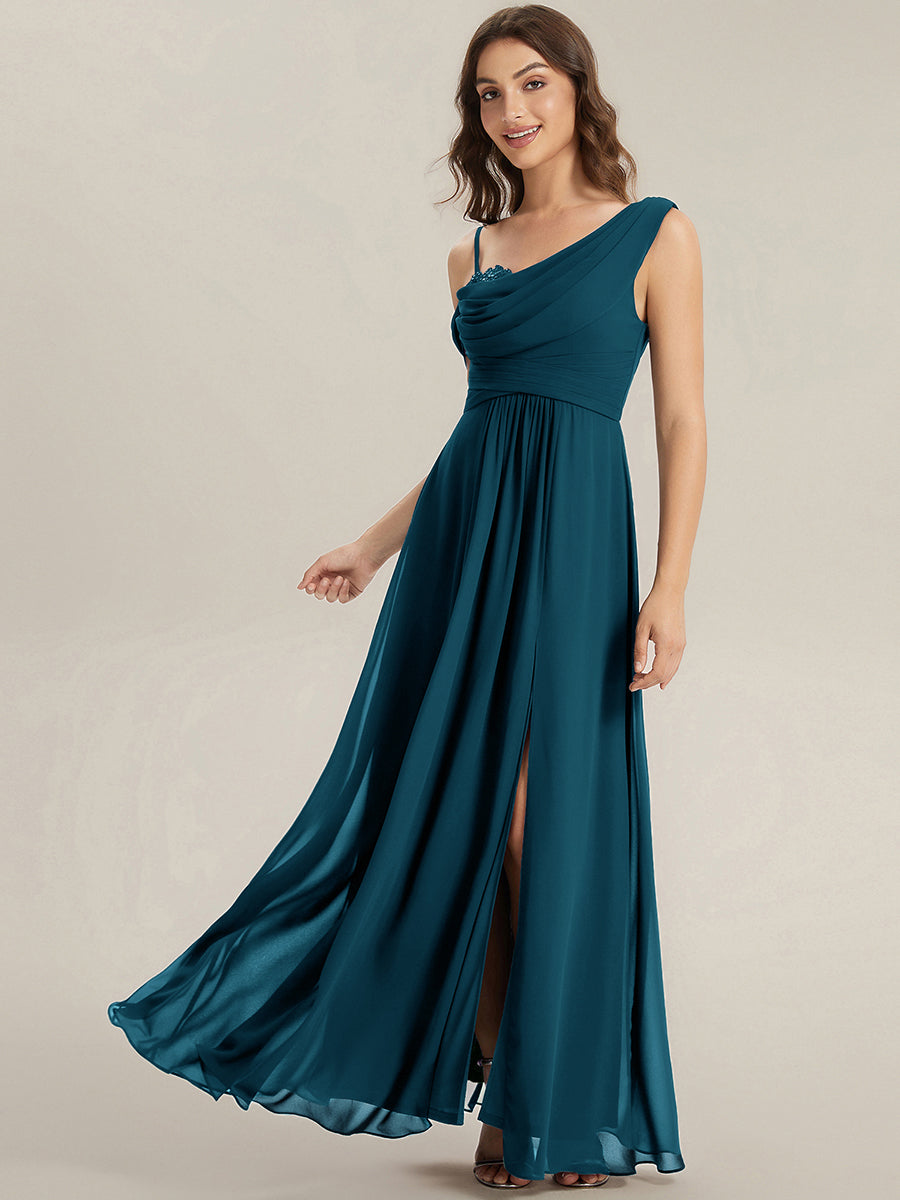 Robe longue asymétrique à sequins à manches courtes en forme de A #Couleur_Bleu Sarcelle