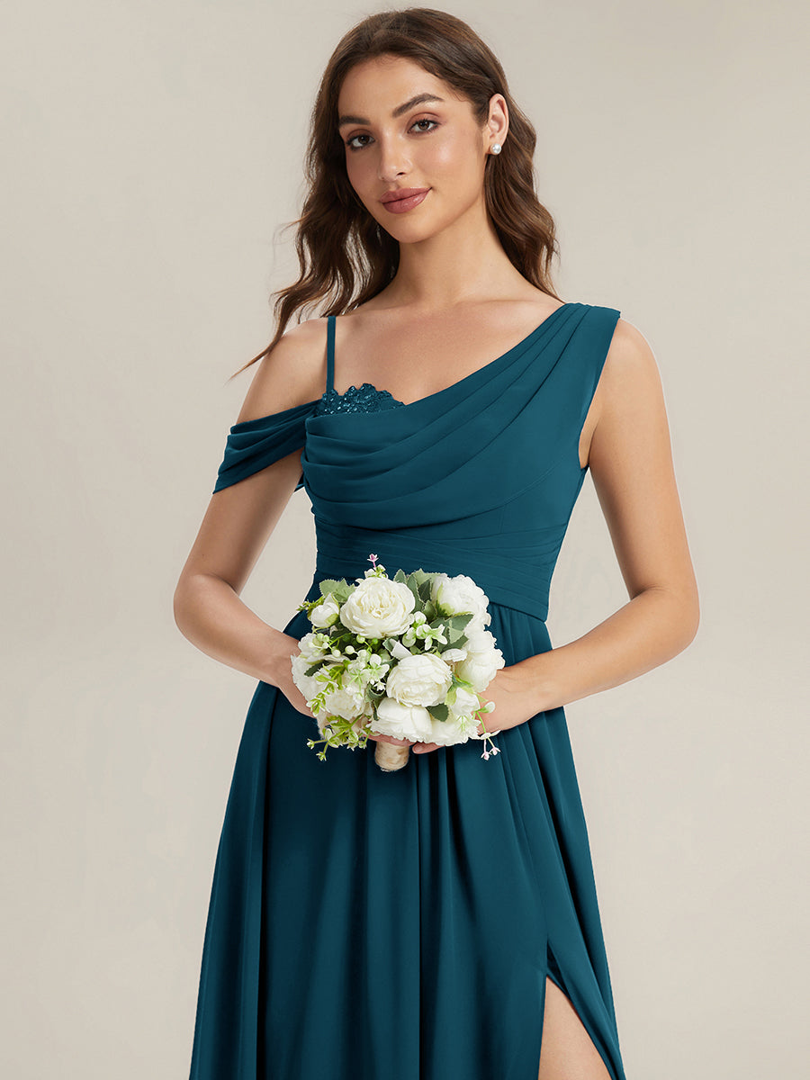 Robe longue asymétrique à sequins à manches courtes en forme de A #Couleur_Bleu Sarcelle