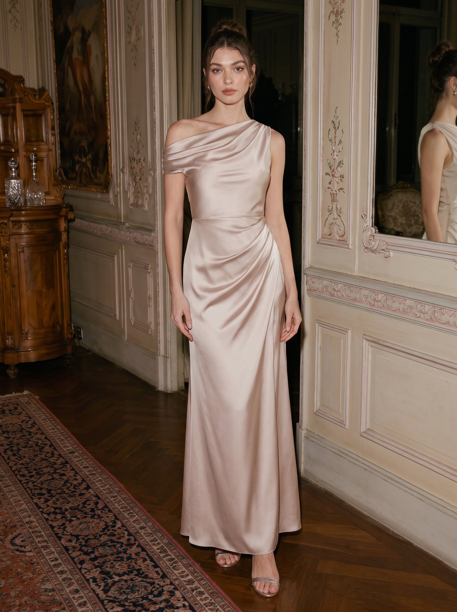 Robe moulante à une épaule à manches courtes avec fente haute sur la cuisse et tissu extensible #Couleur_Charbon