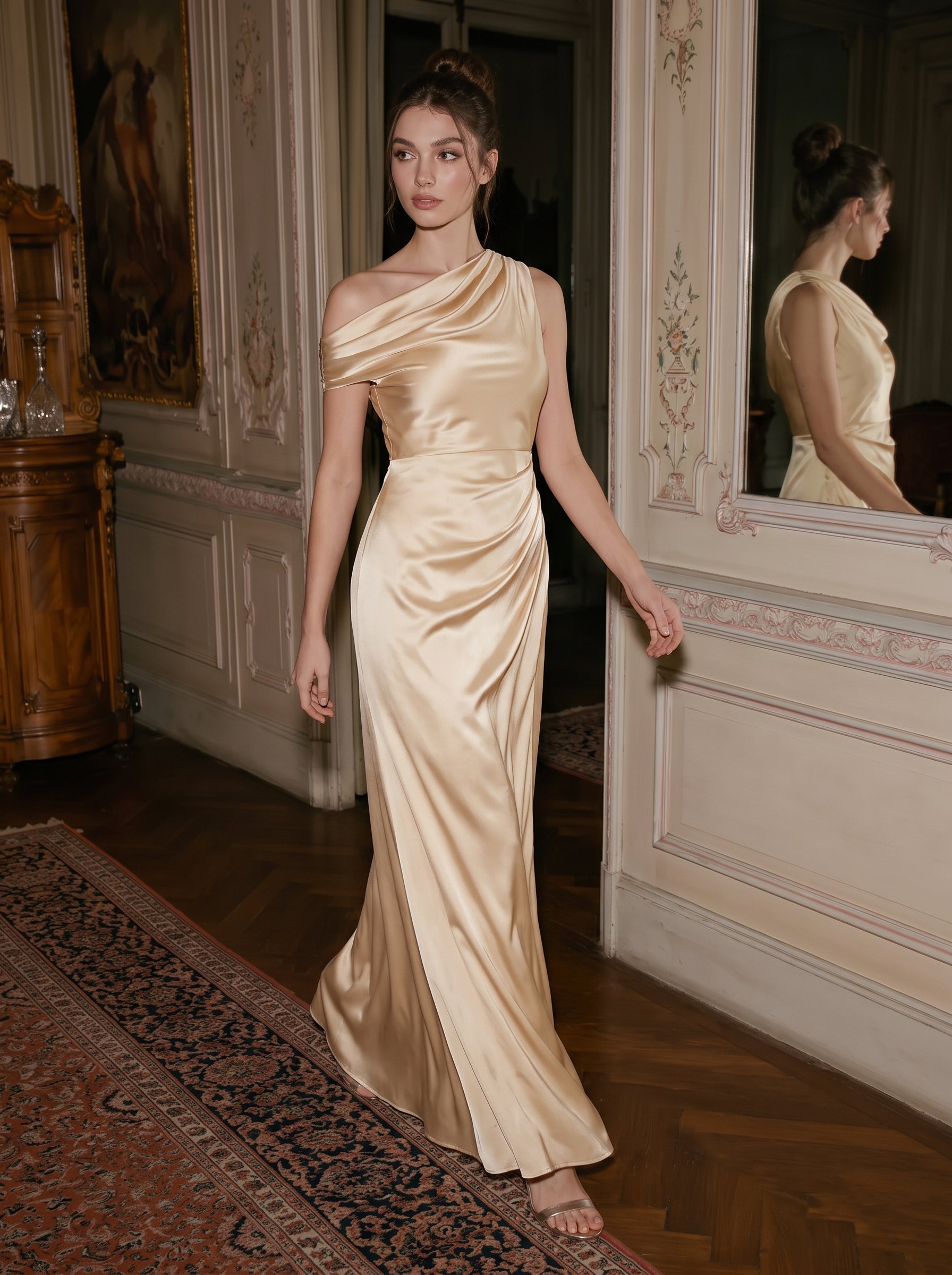 Robe moulante à une épaule à manches courtes avec fente haute sur la cuisse et tissu extensible #Couleur_Jaune