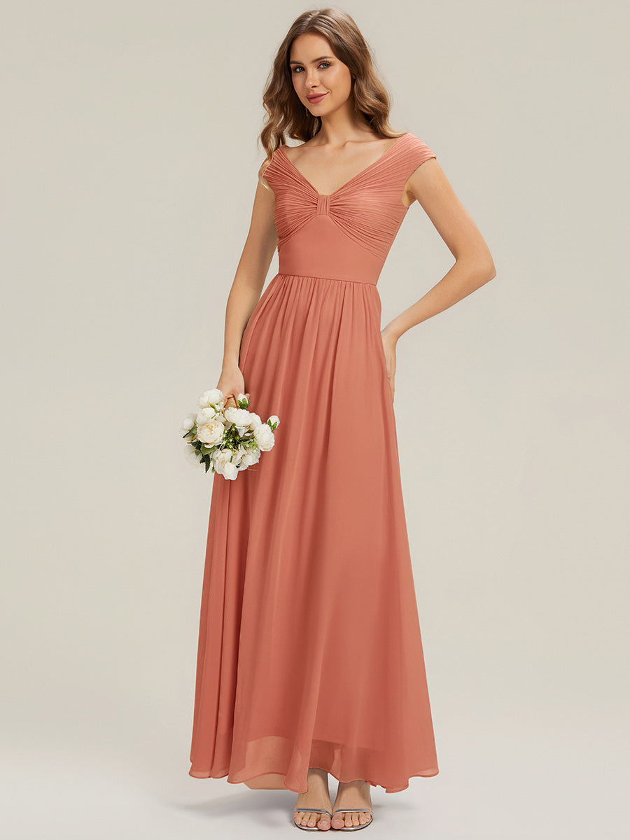 Robe longue sans manches décolletée en V avec une taille haute et des détails plissés #Couleur_Rose Corail