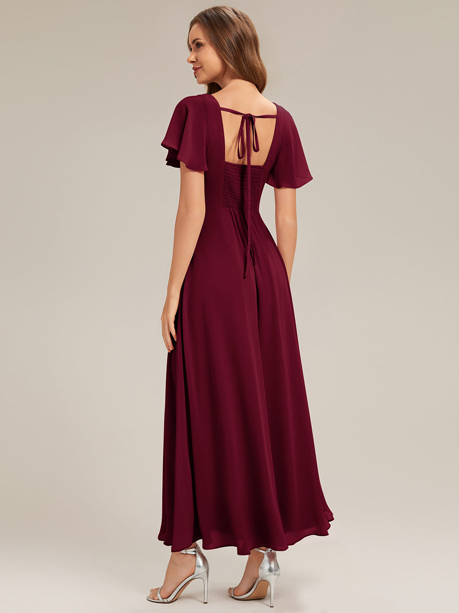 robe longue à manches courtes avec volants dos nu et fronces en forme de A #Couleur_Bordeaux