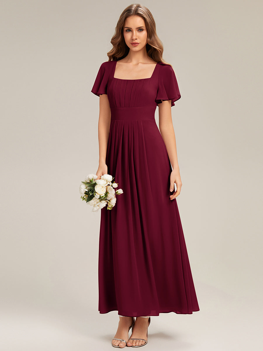 robe longue à manches courtes avec volants dos nu et fronces en forme de A #Couleur_Bordeaux