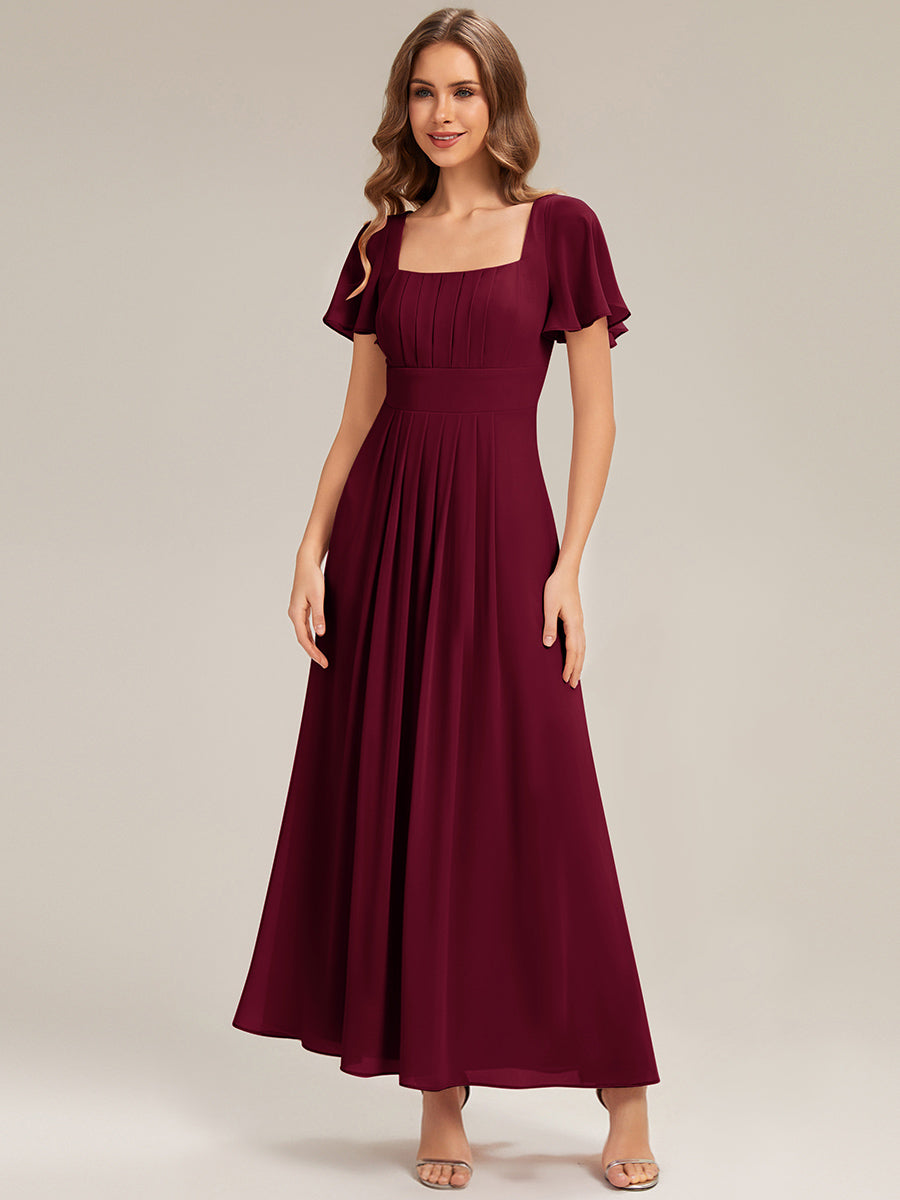 robe longue à manches courtes avec volants dos nu et fronces en forme de A #Couleur_Bordeaux