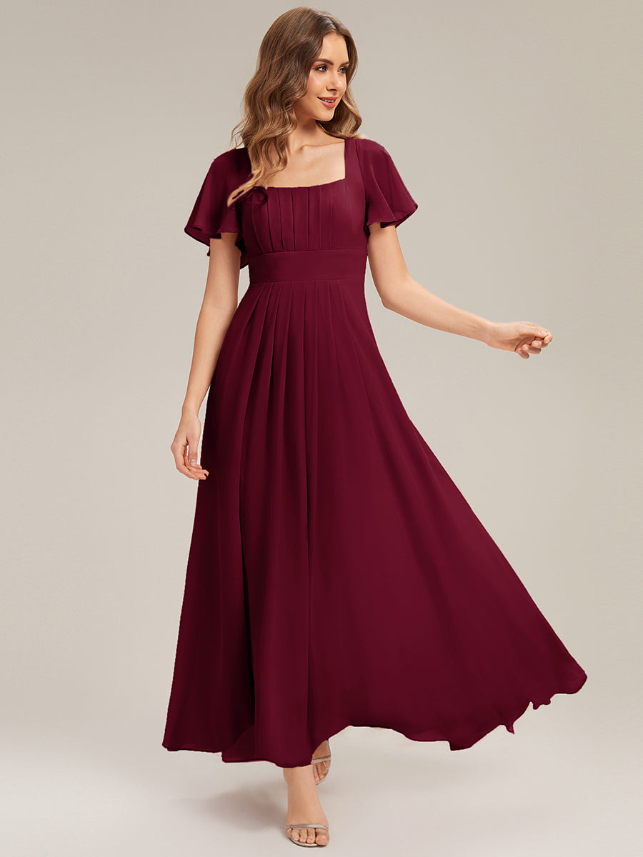robe longue à manches courtes avec volants dos nu et fronces en forme de A #Couleur_Bordeaux