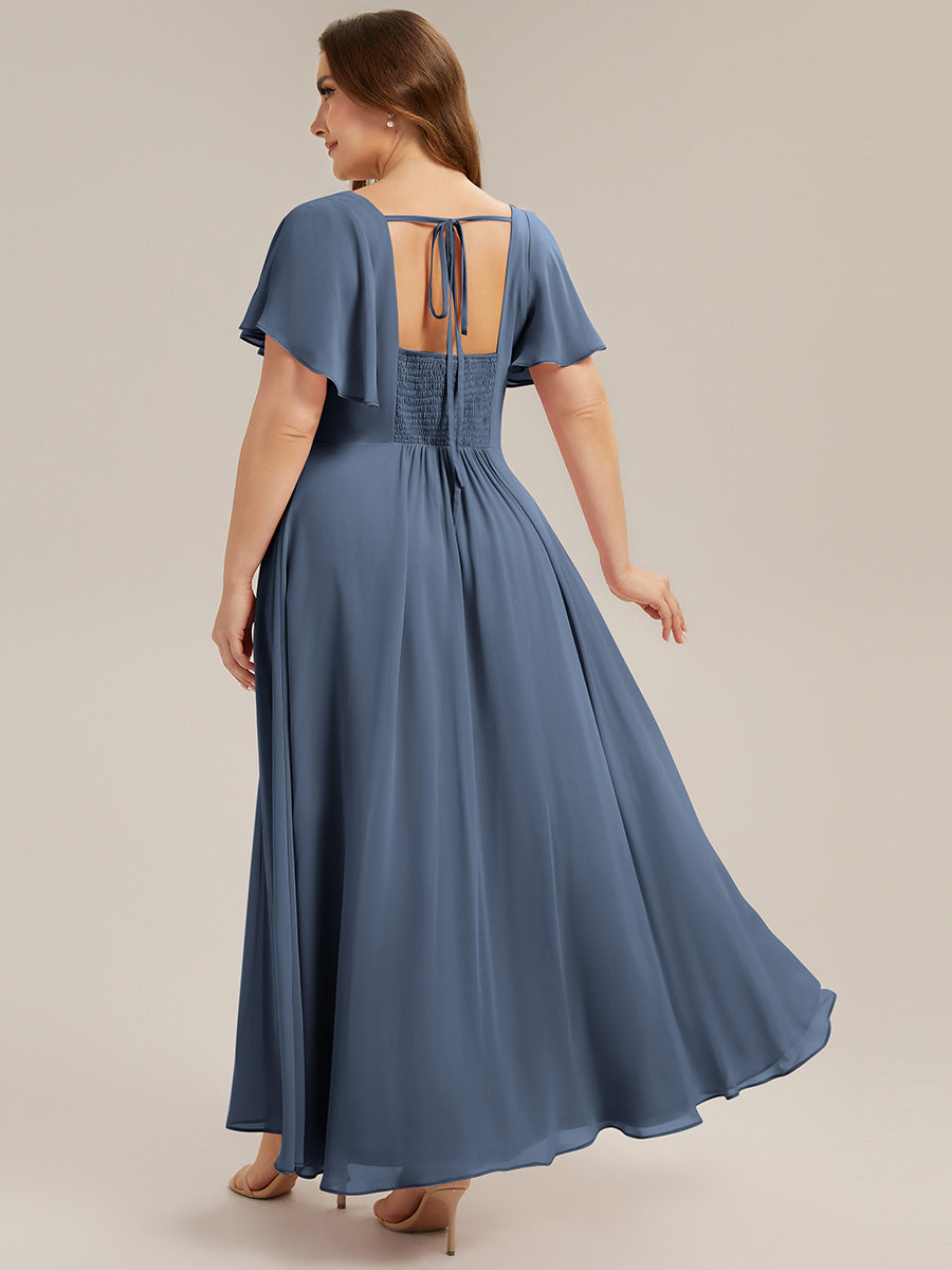 robe longue à manches courtes avec volants dos nu et fronces en forme de A #Couleur_Marine Fume