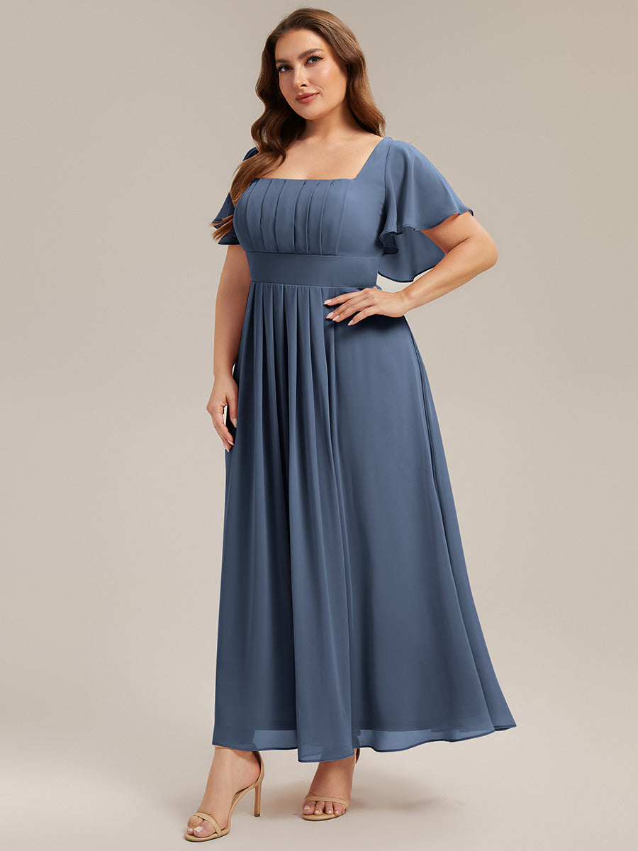 robe longue à manches courtes avec volants dos nu et fronces en forme de A #Couleur_Marine Fume