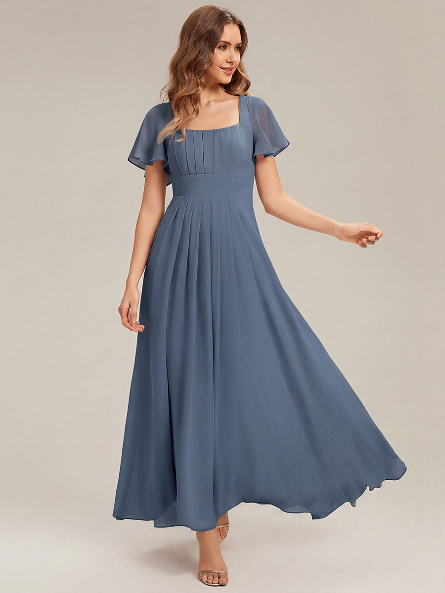 robe longue à manches courtes avec volants dos nu et fronces en forme de A #Couleur_Marine Fume