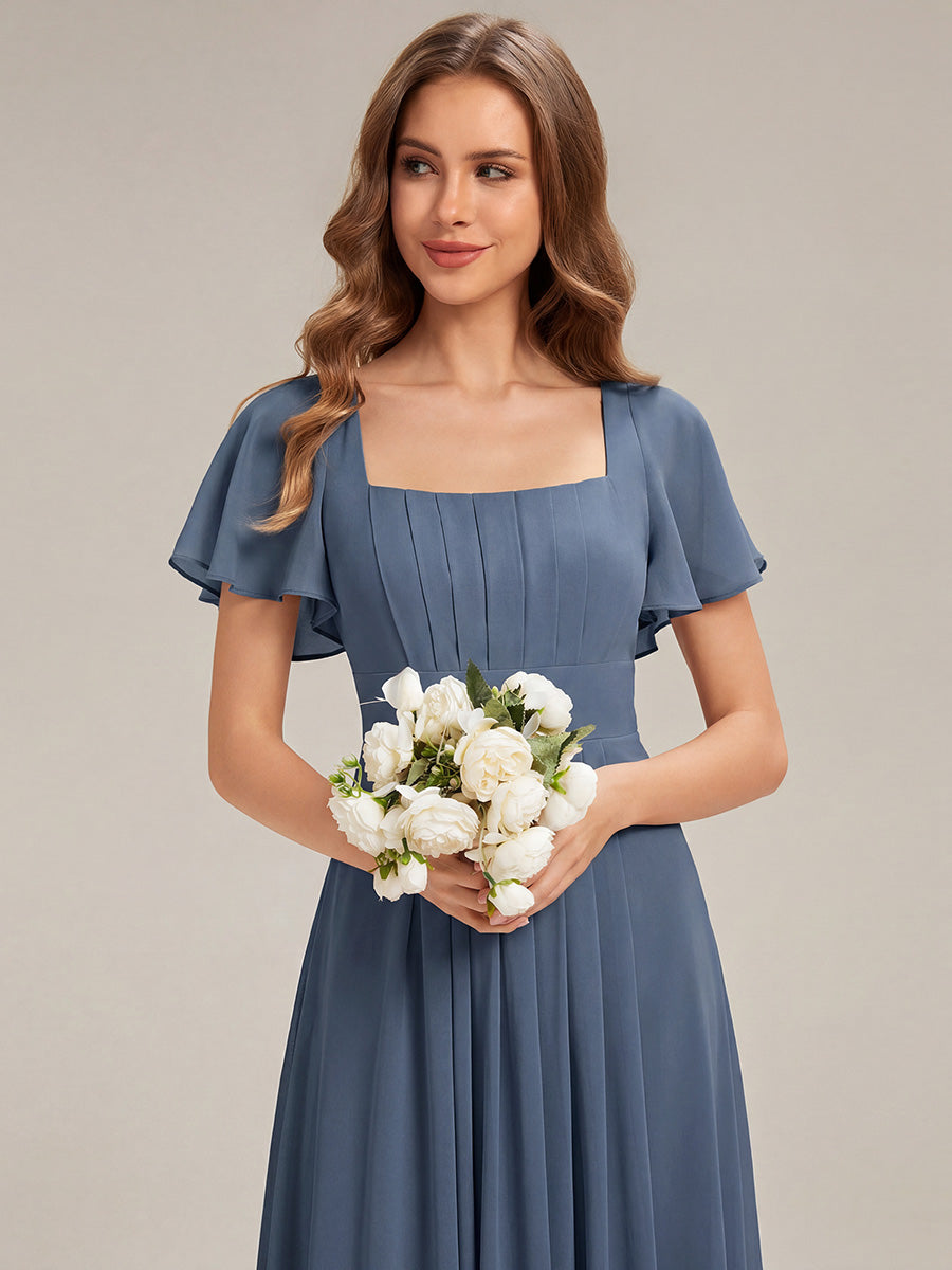 robe longue à manches courtes avec volants dos nu et fronces en forme de A #Couleur_Marine Fume