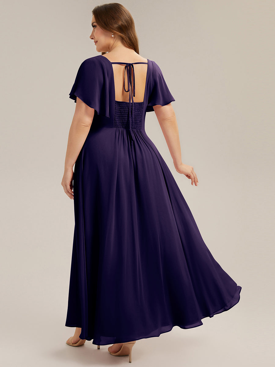 robe longue à manches courtes avec volants dos nu et fronces en forme de A #Couleur_Violet Fonce