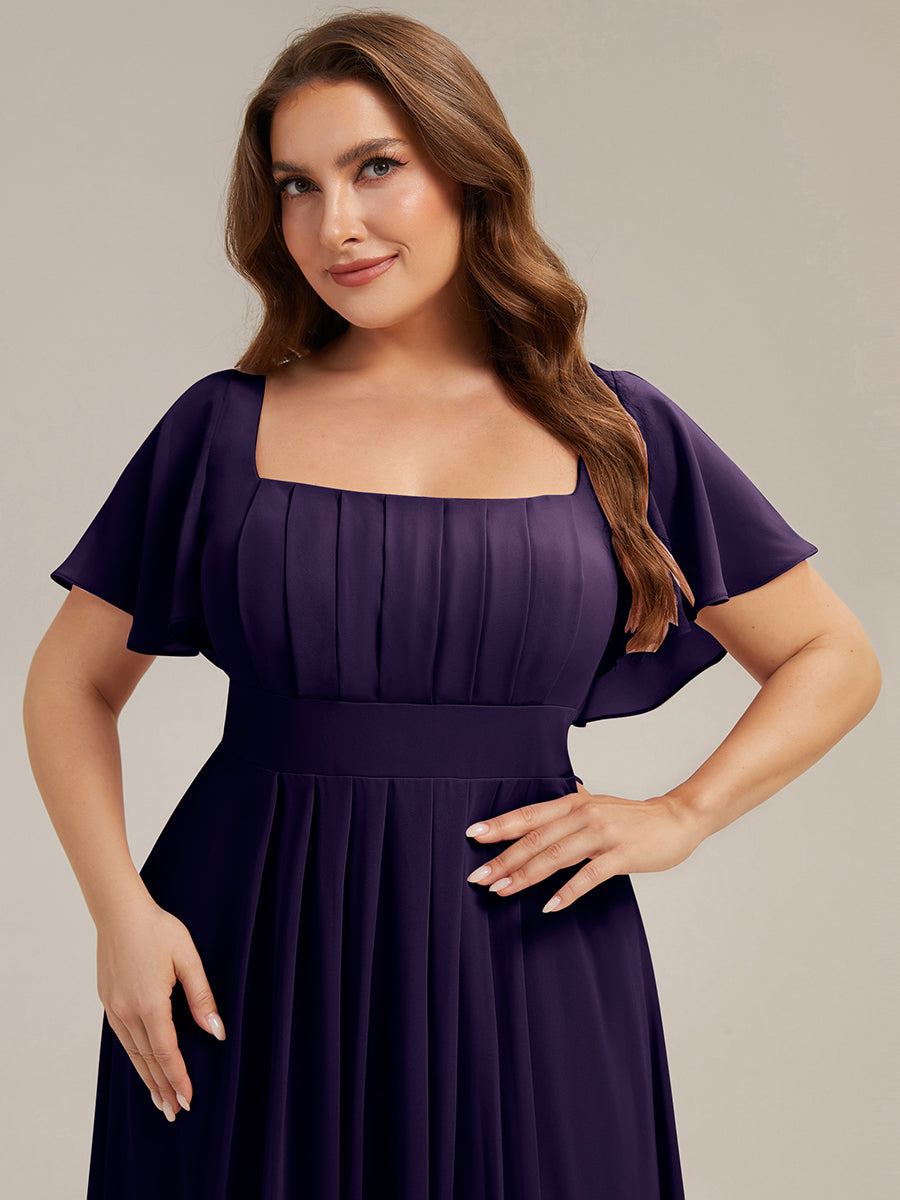 robe longue à manches courtes avec volants dos nu et fronces en forme de A #Couleur_Violet Fonce