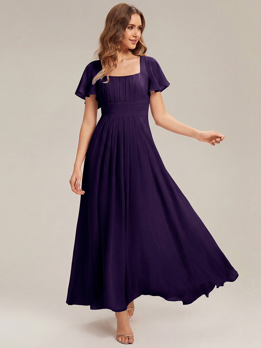 robe longue à manches courtes avec volants dos nu et fronces en forme de A #Couleur_Violet Fonce
