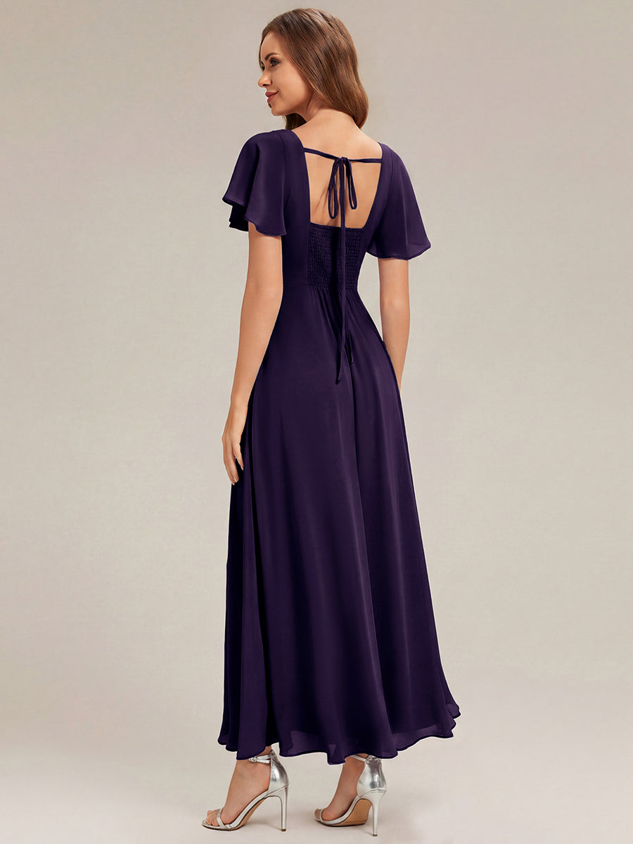 robe longue à manches courtes avec volants dos nu et fronces en forme de A #Couleur_Violet Fonce